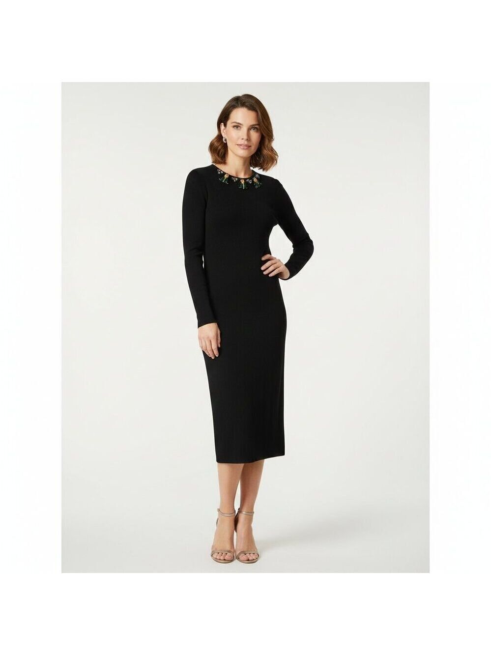 *Tory Burch Deena Embellished Long Sleeve Midi Dress – Black – Size S